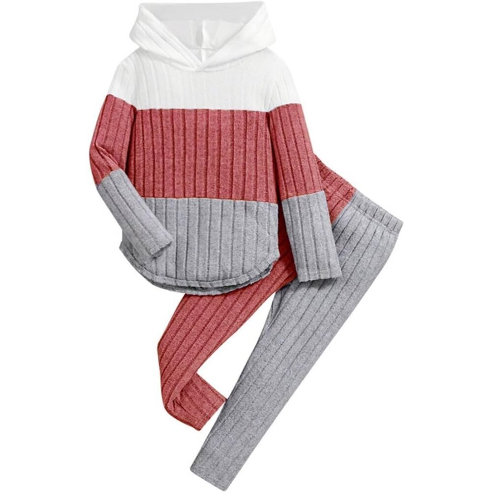 Toddler Kid Girls Clothes Ribbed Color Block Long Sleeve Hoodie Sweatsuit Set Fa